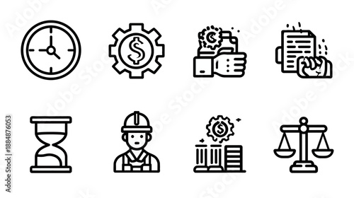 Vector line icons set: business, finance, time management, investment, labor, data analysis, and legal concepts. Workflow and strategy.