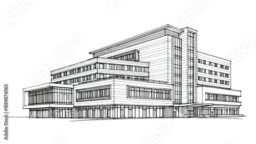 Multi-story modern office building architectural sketch