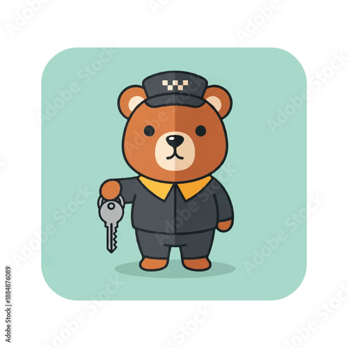 Cartoon bear locksmith holding keys uniform.