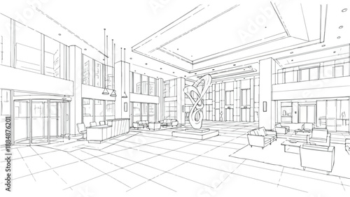 Modernist interior with double height ceiling sketch