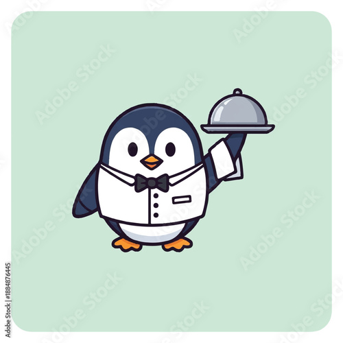 Cartoon Penguin Chef Holding Serving Dish.