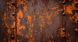 Rusty Metal Background with Rivets and Peeling Orange Paint