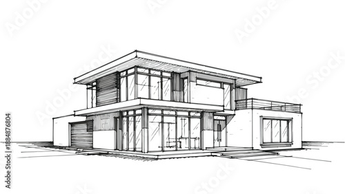Modern single story house with flat roof sketch