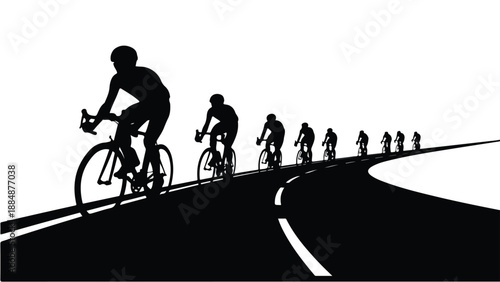 Bicyclists riding on a road at sunset silhouette