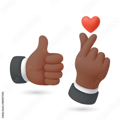 Vector 3d Like and Love Hands. Like and Love Hands. Thumbs Up and Finger Heart Gesture with Red Heart Icon. Social Media Reaction Symbol, Isolated
