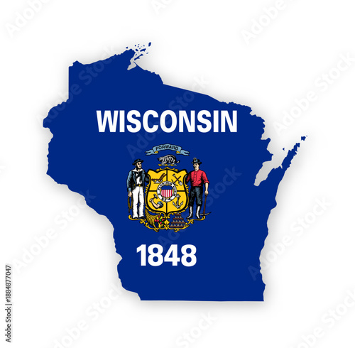 Wisconsin flag map poster. US state pride wall decor artwork. Patriotic printable digital art. Detailed vector illustration