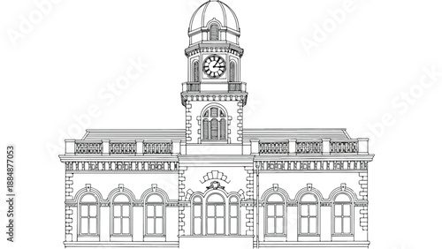 Classical public library facade with clock tower
