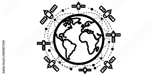 Global Communication Network Earth with Orbiting Satellites Vector