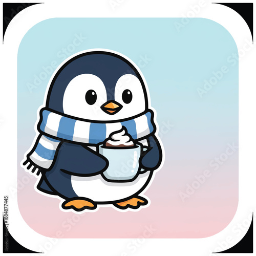 Cartoon Penguin Holding Mug with Beverage.