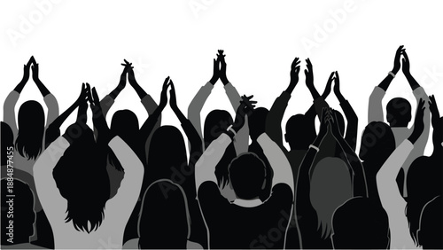 Black silhouette of people cheering with raised hands