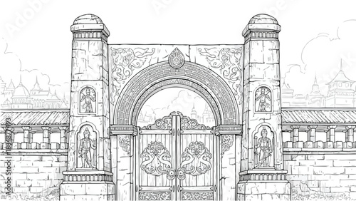 Grand arched stone gate with ornate detail