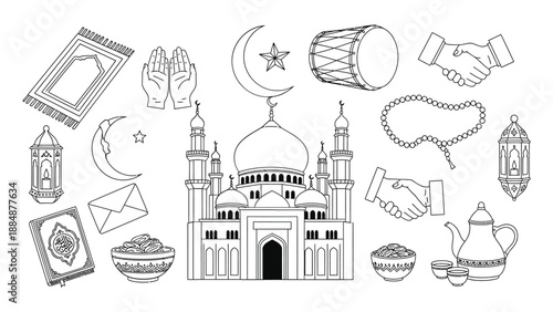 Islamic symbols and mosque illustrations with crescent moon prayer beads and lanterns