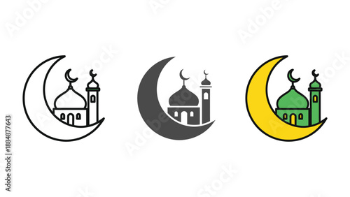 Mosque icons with crescent moon islamic symbol ramadan faith religion culture