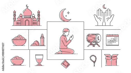 Ramadan kareem islamic symbols and objects for holy month of fasting and prayer