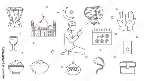 Ramadan kareem illustrations with mosque calendar food and prayer icons on white background