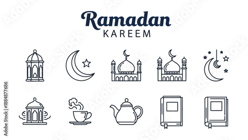 Ramadan kareem icons set with mosque crescent moon star tea lantern and book
