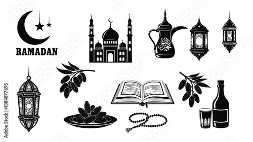 Ramadan symbols and icons including mosque lanterns quran and dates on a white background