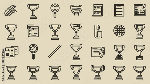 Minimalist Business Line Icon Pattern with Trophies, Documents, Magnifiers, and Office Symbols on Beige Background