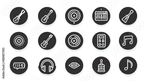 Music Instruments and Audio Devices Line Art Vector Icons Set. Collection of Simple Black and White Musical Themed Symbols