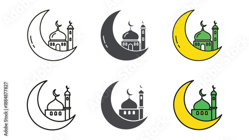 Islamic mosque icons with crescent moon ramadan symbols religious architecture