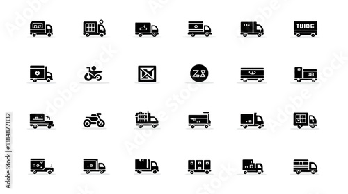 Modern Black and White Truck and Delivery Van Icon Set. Logistics, Shipping, Cargo, Transport, and Service Vehicle Collection.