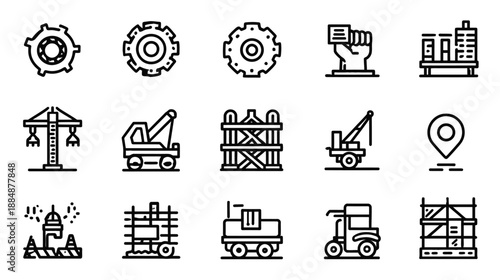 Building and Construction Industry Outline Icons. Engineering, Architecture, Heavy Equipment, Crane, Scaffolding, Gears, Dumper Truck Symbols.