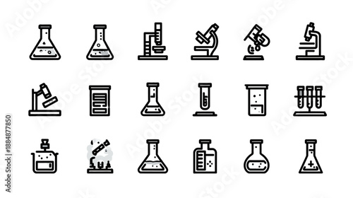 Chemistry Laboratory Equipment Icons Set: Outline Vector Collection of Flasks, Beakers, Test Tubes, and Microscopes for Science