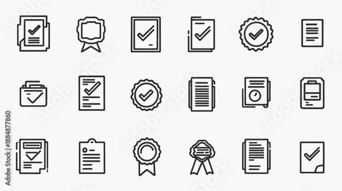 Collection of line icons for approval, certificate, quality, checkmark, and document verification concepts