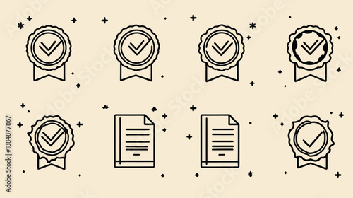 Approval, Quality, and Verification Line Icons Set with Checkmark Badges and Document Symbols. Minimalist Outline Vector Graphic.