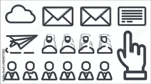 Set of UI/UX line icons for digital design, including cloud, email, paper plane, generic users, and Middle Eastern businessmen.
