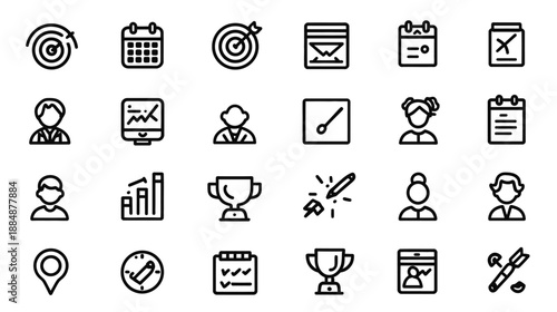 Business and Productivity Outline Vector Icons Set. Modern Line Icons for Office, Management, and Corporate Concepts.
