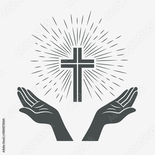 Vector Black and White Open Hands with Cross. Symbol of Faith and Prayer. Design Template for Church Logo. Prayer, Religion Concept. Monochrome Cut Out Silhouette Icon. Vector Illustration