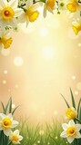Vertical St Davids Day Banner with Yellow Daffodils: Spring Floral Border Background with Bokeh and Copy Space