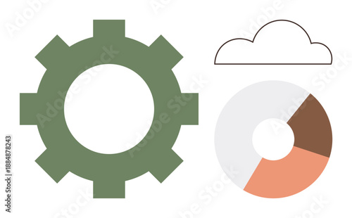 Data management, analytics, cloud computing, progress tracking, technical processes, business strategy. Gear, cloud and pie chart icons in minimalist design. Data management and analytics concepts