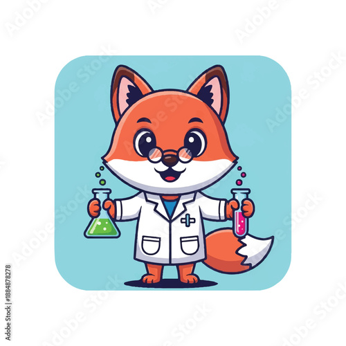 Cartoon Fox Scientist in Lab Coat Holding Test Tubes.