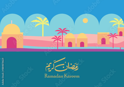 Ramadan Kareem greetings in Muslim language with very cool and artistic Muslim icons. Abstract vector illustration.