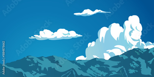 Vector illustration mountain landscape with clouds. A Breathtaking View of serene green rocks and Majestic Mountains Under a Cloudy Sky