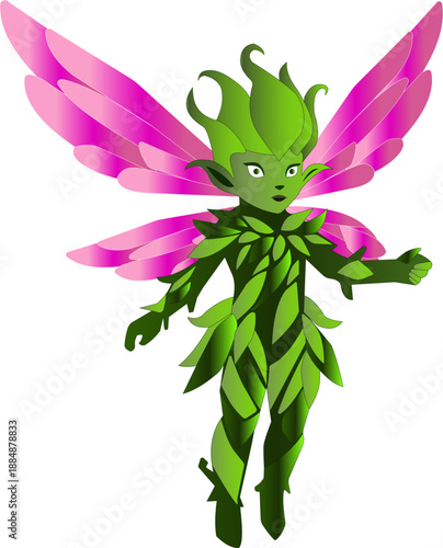 Nature Elemental Pixie Character, Forest Fairy with Leaf Armor and Pink Wings, Fantasy Creature Vector
