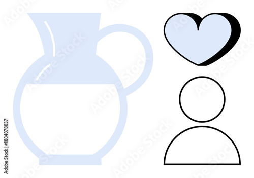 Nutrition, self-care, love, health, simplicity, basic designs. A pale milk jug, abstract heart and human icon are featured. Nutrition and self-care conceptual combination