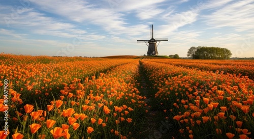 Dutch Windmill Amidst Vibrant Tulip Fields Under a Cloudy Sky.