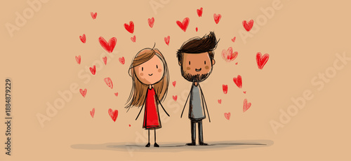 Smiling cartoon boy and girl with red hearts floating above them, depicting true love. Happy cartoon couple showing love and affection