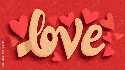 Textured word love with small hearts creating a festive Valentine's Day or romantic design. Textured love word with hearts on red background