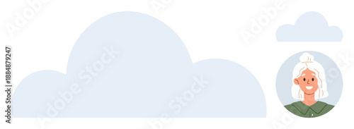 Digital communication, web services, teamwork, profile identification, modern tech, cloud computing. Large soft-edged cloud with a female avatar icon on the side. Cloud computing and web services