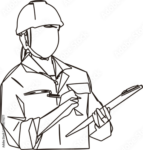 書類をチェックする建設業の女性作員の線画イラスト