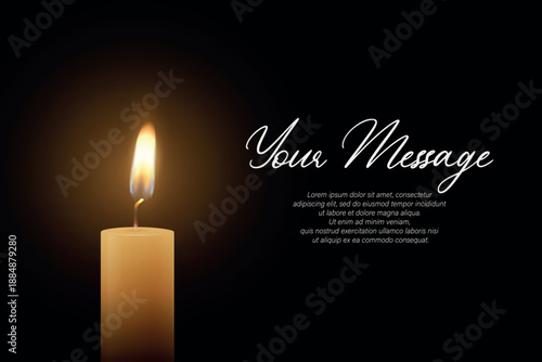 Candle Light, Vector Illustration with Burning Flame on Dark Background. Memorial and Sympathy Horizontal Card Template. Spiritual, Calm Design For Remembrance, Meditation, Condolence and Invitation