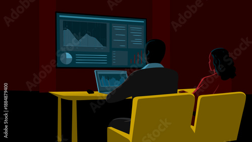 A professional cartoonist analyzing graphics on a large monitor, in a modern corporate environment, focusing on data and productivity concepts.