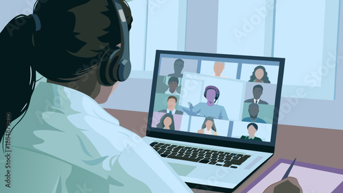 A cartoon character participating in an online meeting, wearing headphones, with a laptop on the table, and a clean office in the background.