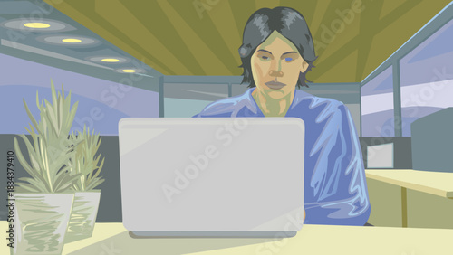 A cartoon figure is working on a laptop in a modern office, with an organized desk, a decorative plant, and a focused and calm expression.