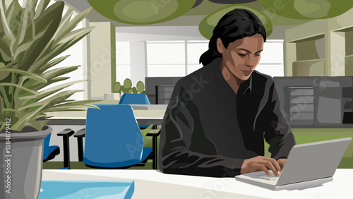 A cartoon figure is working on a laptop in a modern office, with an organized desk, a decorative plant, and a focused and calm expression.