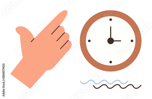Time management, scheduling, punctuality, deadlines, efficiency, workflow. Hand pointing towards a clock and wavy lines. Time management and scheduling for organization purposes